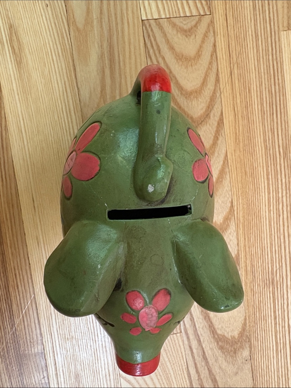 Vintage 1970s Groovy Green Floral Ceramic Piggy Bank Hand Painted Pink Daisies - Picture 3 of 9